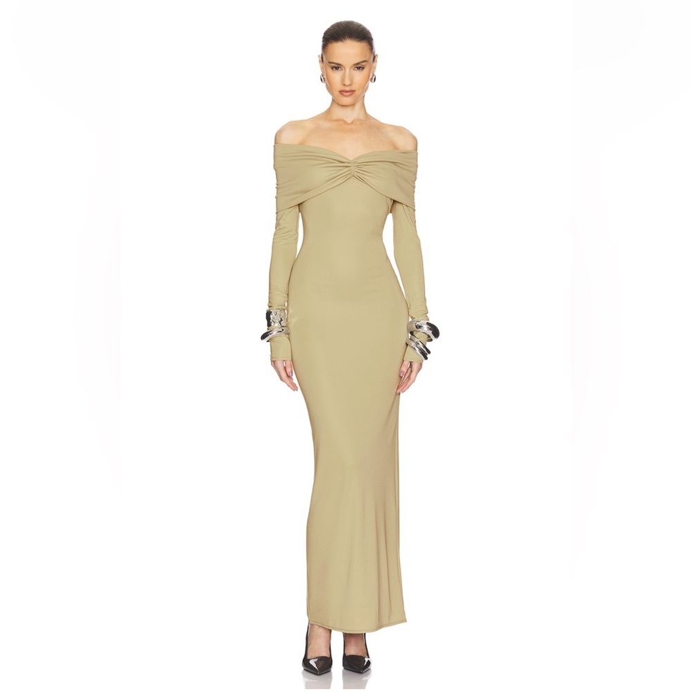 Helsa Matte Jersey Off-Shoulder Maxi Dress in Elm - Picture 2 of 6